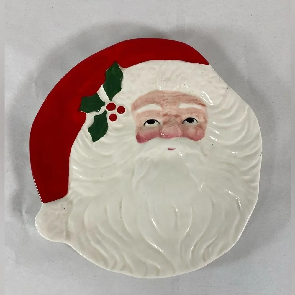 Vintage Santa Face Cookie Plate Hand Painted Japan Christmas Dish 7.5 “ Holly
